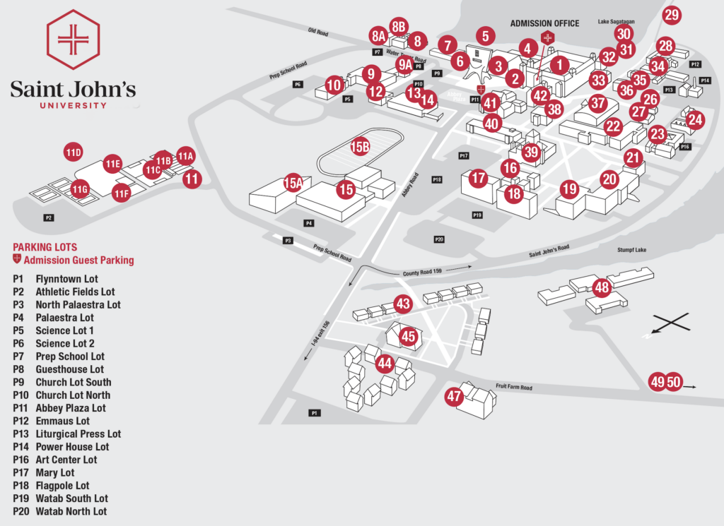 A campus map of Saint John's University, showing various buildings and numbered locations. Parking lots are marked with identifiers like P1 for Plymouth Lot and P15 for Pax Lot. Visitor’s parking is highlighted in red.